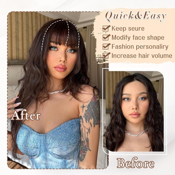 Human Hair Bangs Hair Clip, 360° Cover Clip in Bangs, Brown Black - Picture 4 of 12